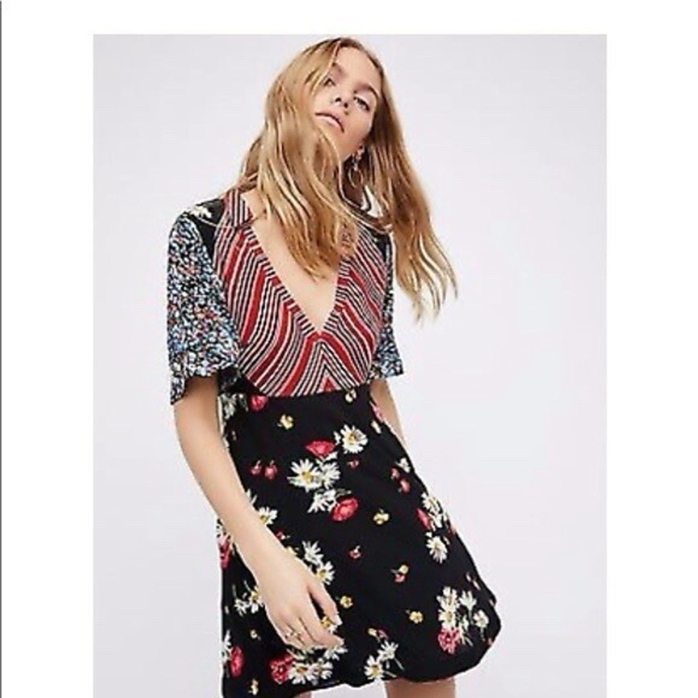 FREE PEOPLE Mix It Up Combo Stripe Floral Mini V-Neck Boho Artsy Patchwork Dress